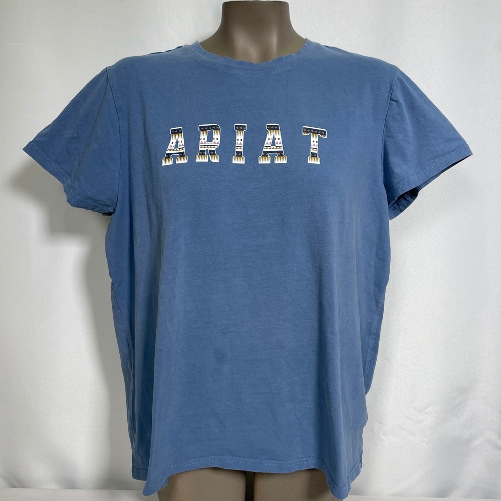 Ariat REAL Southwestern Aztec Letters Relaxed Fit Blue T-Shirt Women's XL